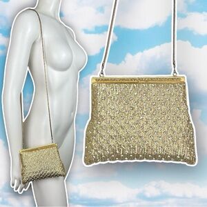 LA REGALE Vintage Rhinestone Studded Metallic Crossbody Evening Bag Formal Glam